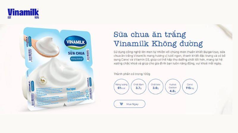 Sữa chua không đường Vinamilk chứa 61 kcal